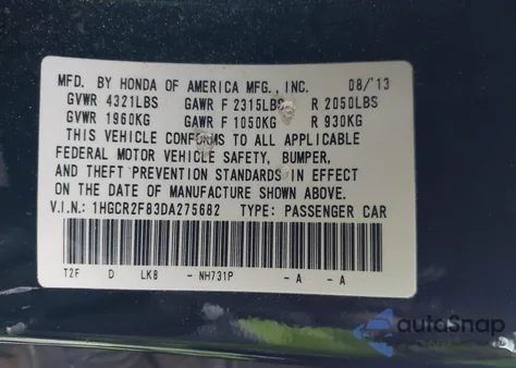 2013 Honda Accord Sdn Ex-L from USA, damaged, VIN 1HGCR2F83DA275682